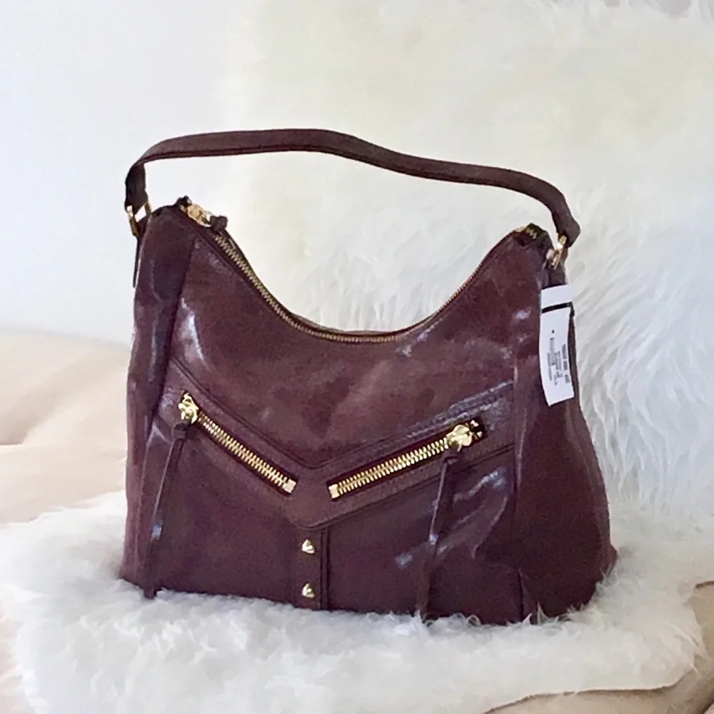Botkier Purple Distressed Leather Hobo Zip Top Pocket Bag